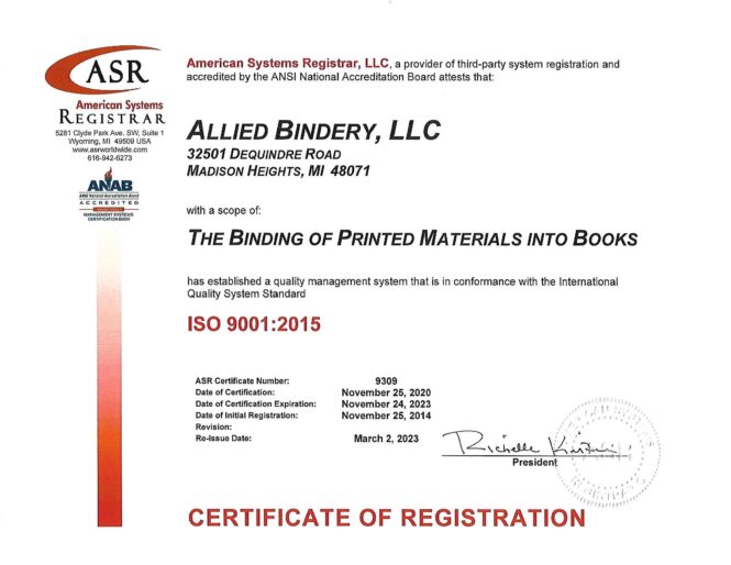 Allied Bindery ISO 9001:2015 Certificate